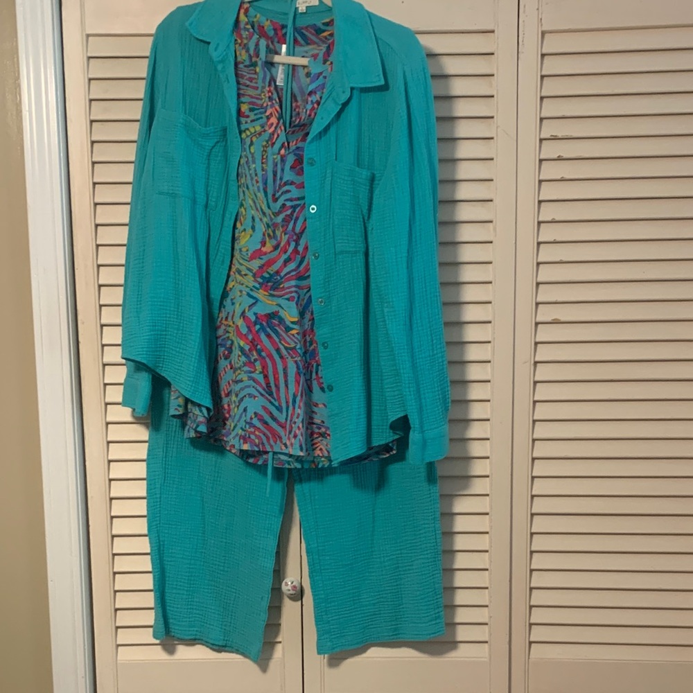 Teal Button-Up Shirt and Pants Set with Colorful Top. Blouse is size XL.